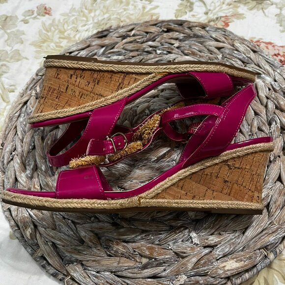 Etienne Aigner Pink Patent Leather Flower Embellished Espadrille Wedge Sandals 8 - Picture 9 of 13